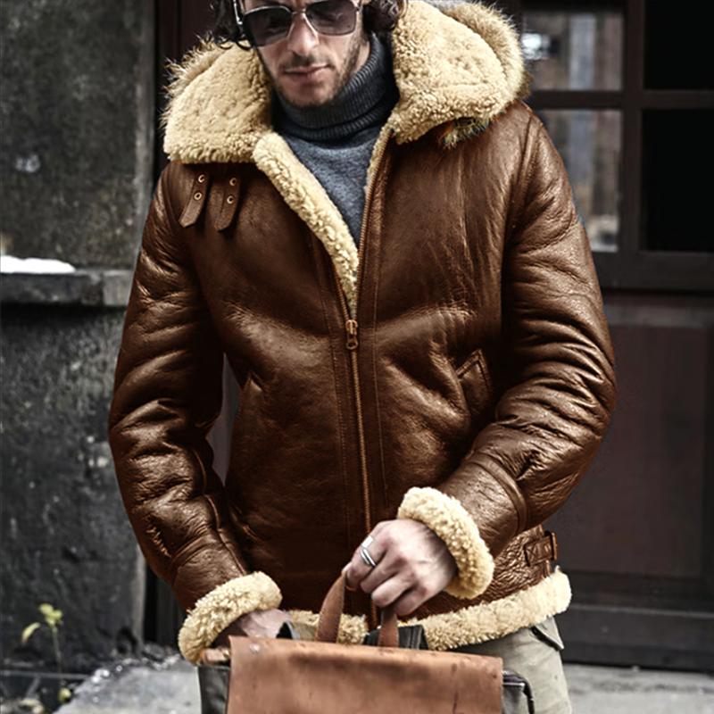 Mens Warm Lamb Fur Imitation Fur Hooded Zipper Casual Coat 73979847Z