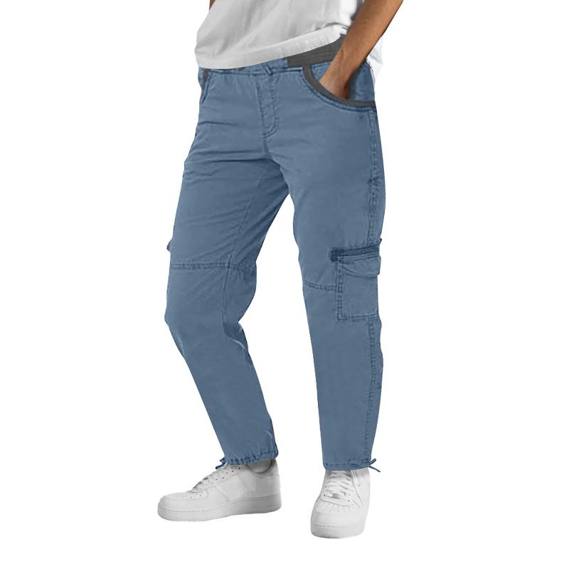 Mens Solid Elastic Waist Zipper Multi-pocket Cargo Pants 03655050Z