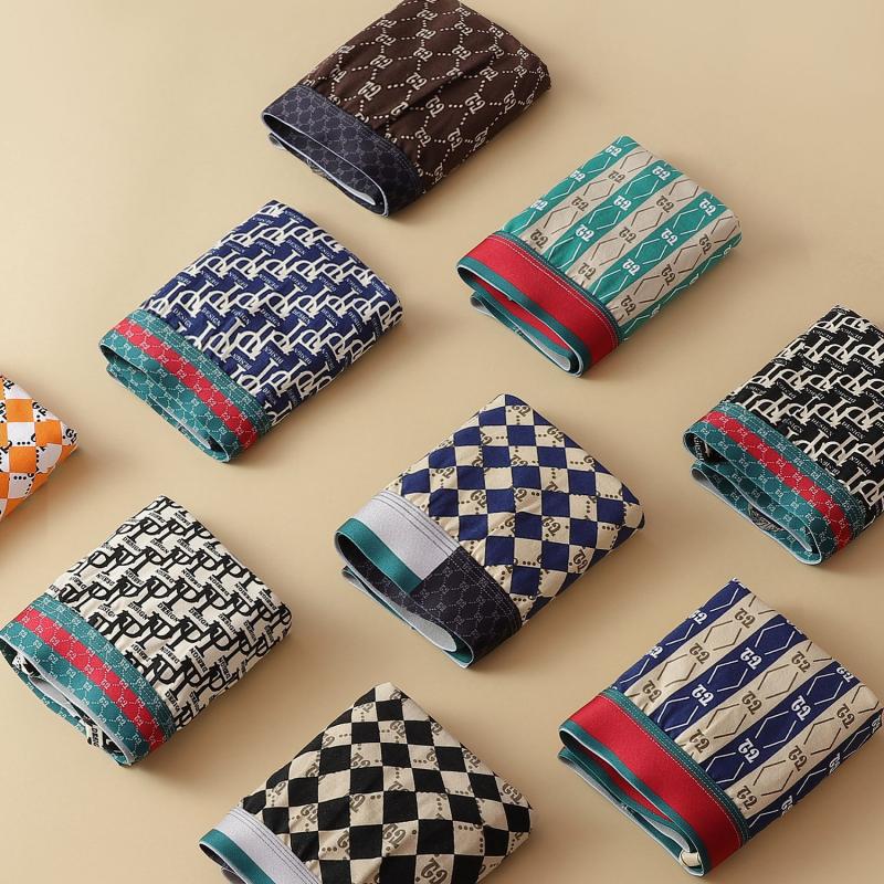 Mens Underwear 4 Pcs Retro Geometric Letters Print Breathable Boxer Briefs Set 80972681Z