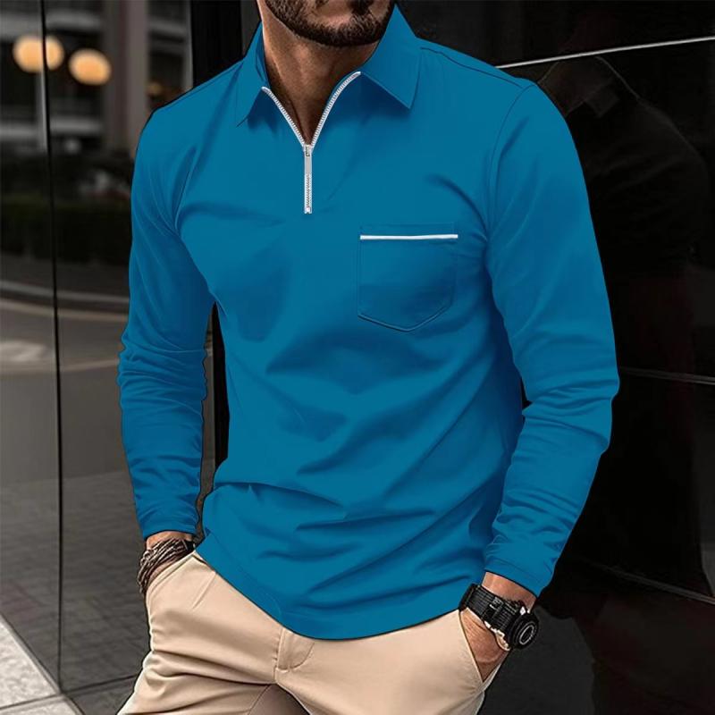 Mens Solid Zipper Lapel Breast Pocket Long Sleeve Polo Shirt 49740491Z