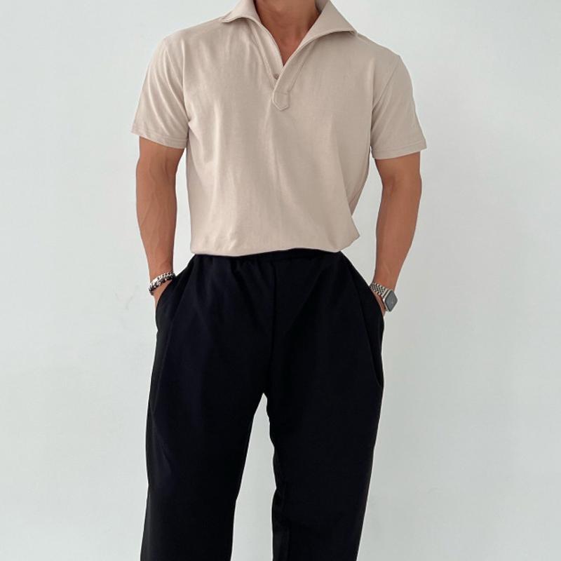 Mens Solid Loose Lapel Short Sleeve Casual Polo Shirt 18416155Z