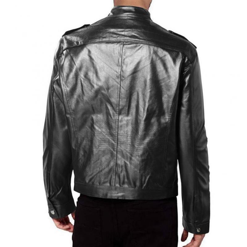 Mens Vintage Patchwork Stand Collar Zipper Motorcycle Leather Jacket 87958383M