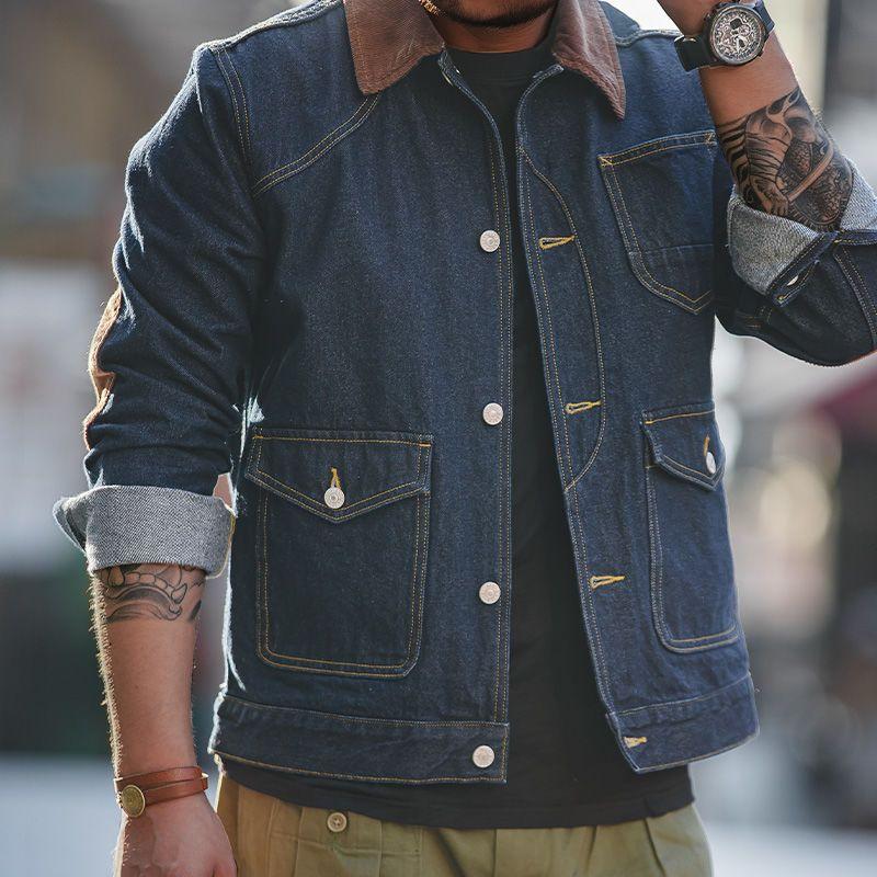 Mens Retro Colorblock Lapel Multi-pocket Denim Jacket 22779889Z
