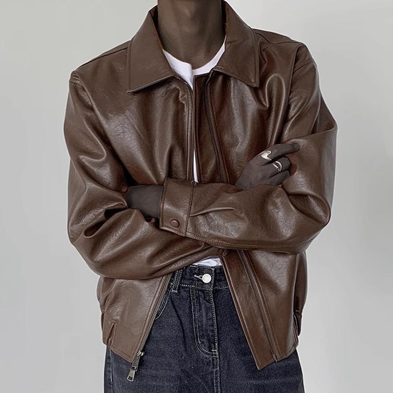 Mens Vintage Loose Lapel Zipper Short Leather Jacket 70348596Z