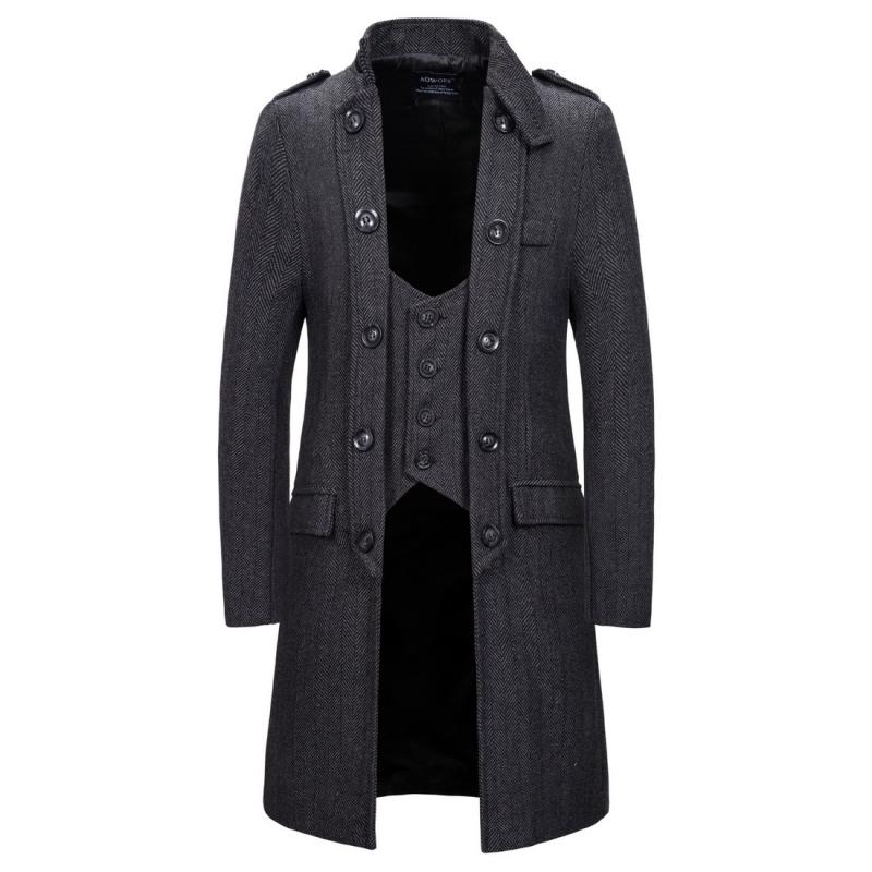Mens Vintage Stand Collar Herringbone Fake Two Piece Coat 79986497M