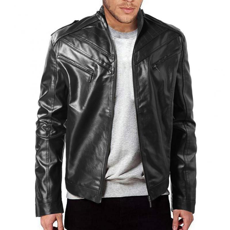 Mens Vintage Patchwork Stand Collar Zipper Motorcycle Leather Jacket 87958383M