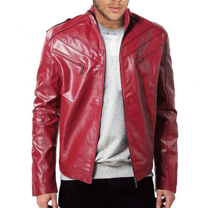 Mens Vintage Patchwork Stand Collar Zipper Motorcycle Leather Jacket 87958383M