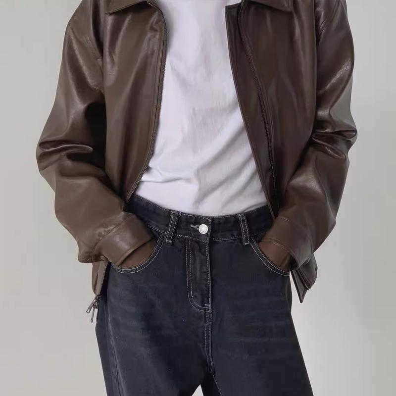 Mens Vintage Loose Lapel Zipper Short Leather Jacket 70348596Z