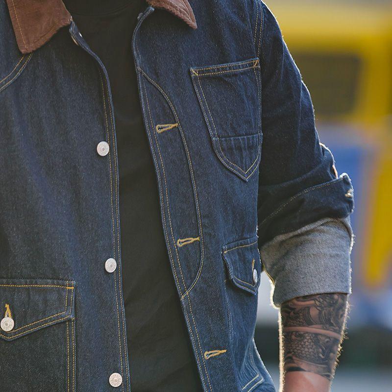 Mens Retro Colorblock Lapel Multi-pocket Denim Jacket 22779889Z