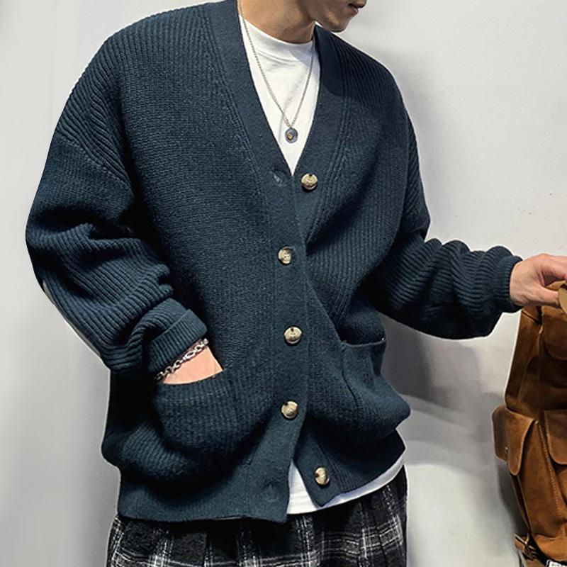 Mens V-Neck Retro Solid Color Sweater Cardigan 53838153Z
