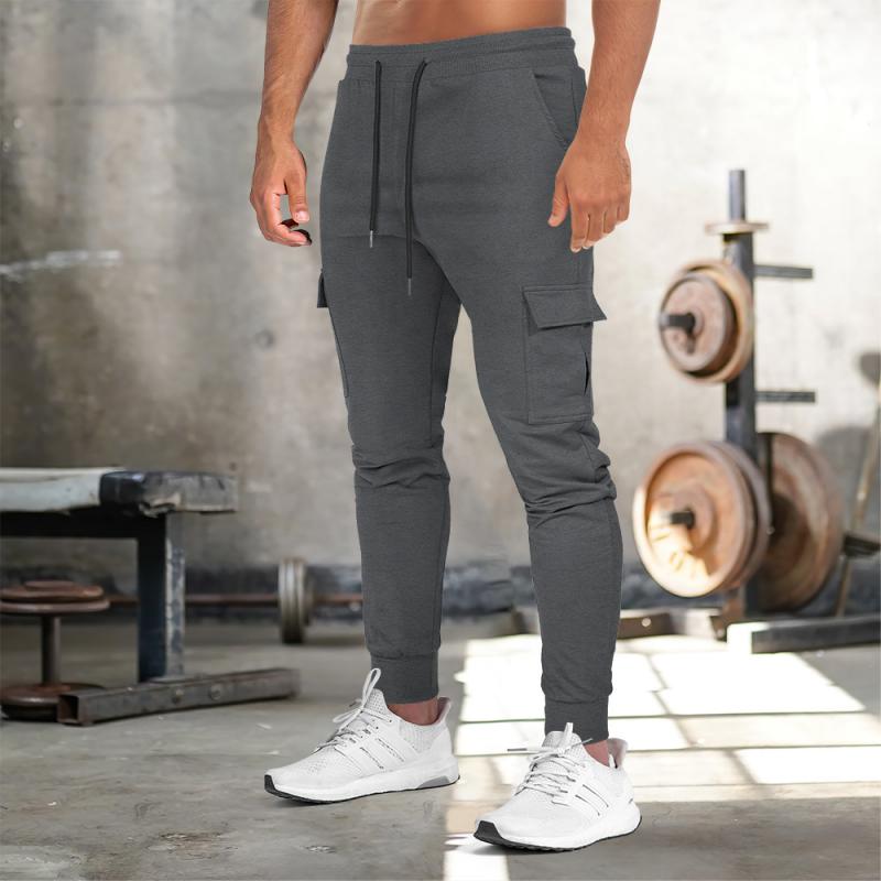 Mens Solid Multi-pocket Drawstring Elastic Waist Fitness Sports Pants 49940128Z