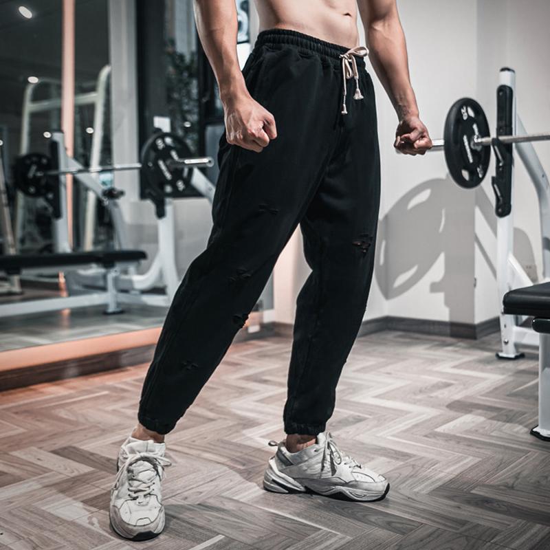 Mens Solid Cotton Holes Loose Sports Fitness Casual Trousers 09609887Z