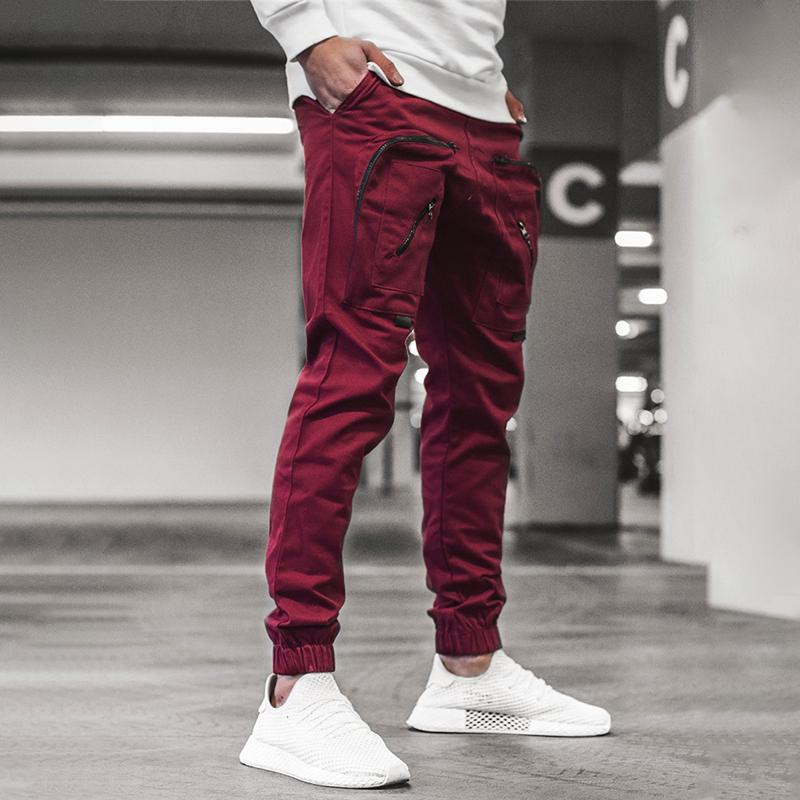 Mens Solid Multi-pocket Cargo Casual Trousers 18043826Z