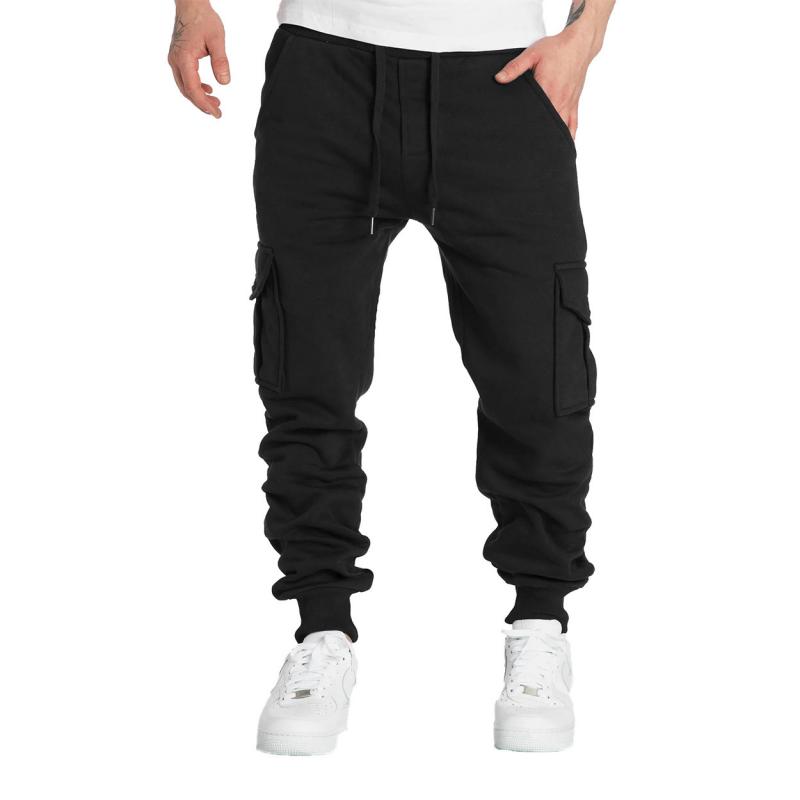 Mens Solid Fleece Multi-pocket Elastic Waist Sports Trousers 90538121Z