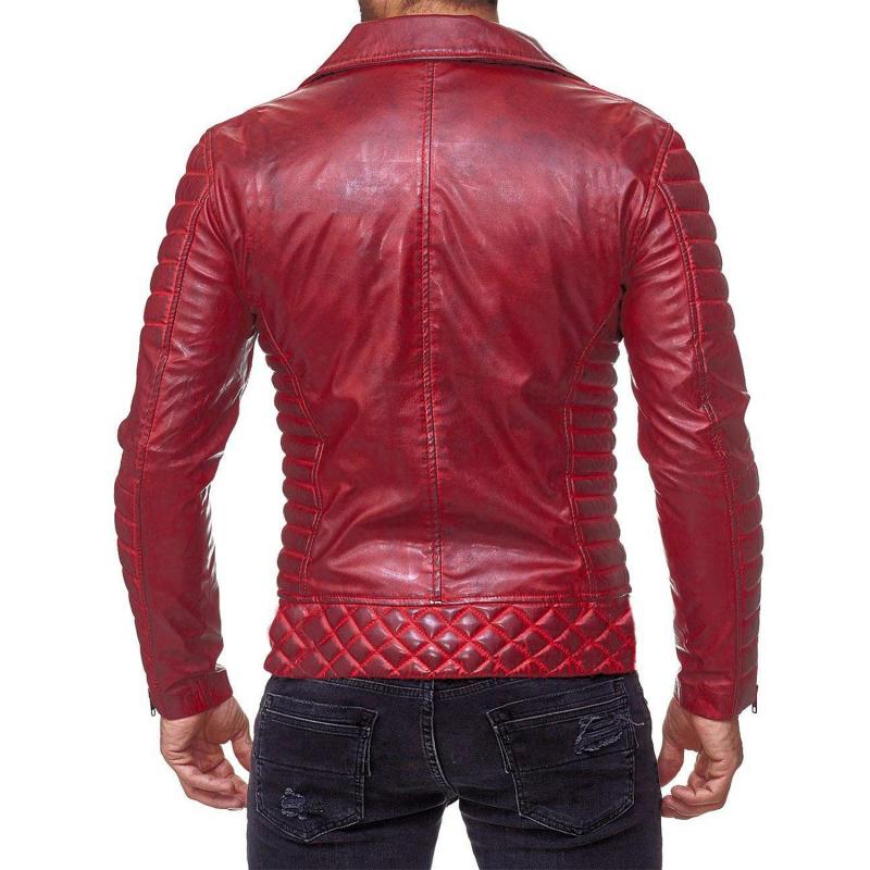 Mens Vintage Distressed Panel Zipper Lapel Long Sleeve Leather Jacket 68752078M