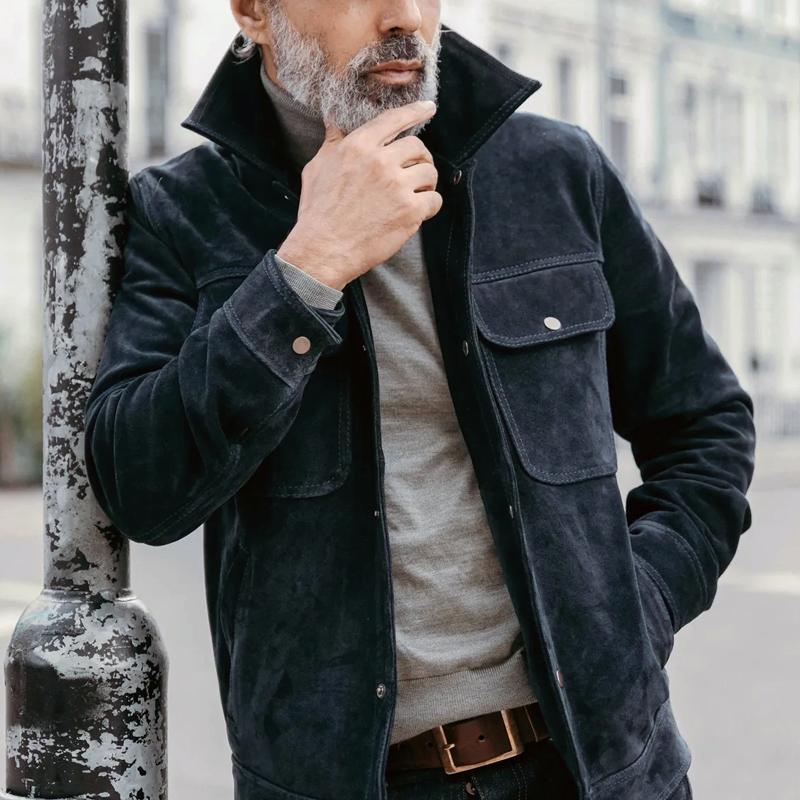 Mens Lapel Single Breasted Suede Jacket 92371927Z