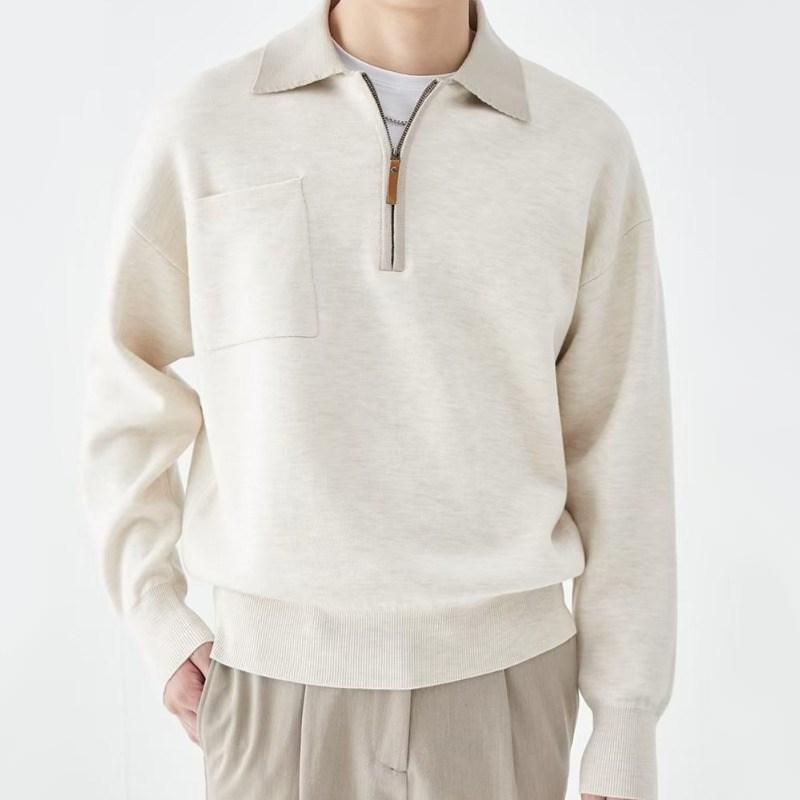 Mens Color Block Zipper Lapel Breast Pocket Long Sleeve Knit Polo Shirt 82740147Z