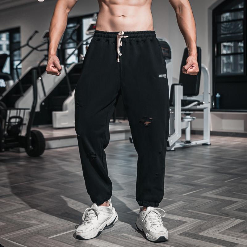 Mens Solid Cotton Holes Loose Sports Fitness Casual Trousers 09609887Z