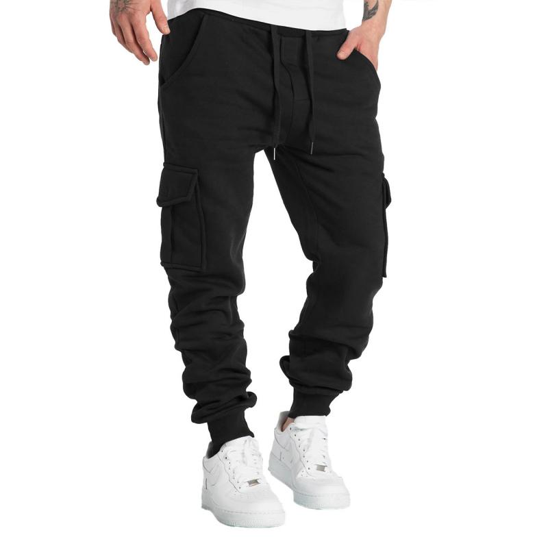 Mens Solid Fleece Multi-pocket Elastic Waist Sports Trousers 90538121Z
