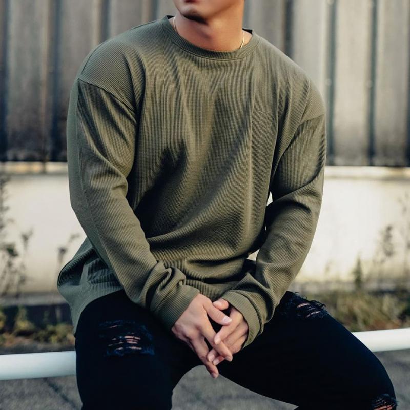Mens Solid Color Loose Round Neck Long Sleeve T-shirt 92840256Z