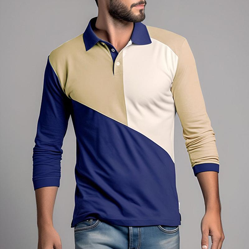 Mens Color Block Lapel Long Sleeve Casual Polo Shirt 46370091Z