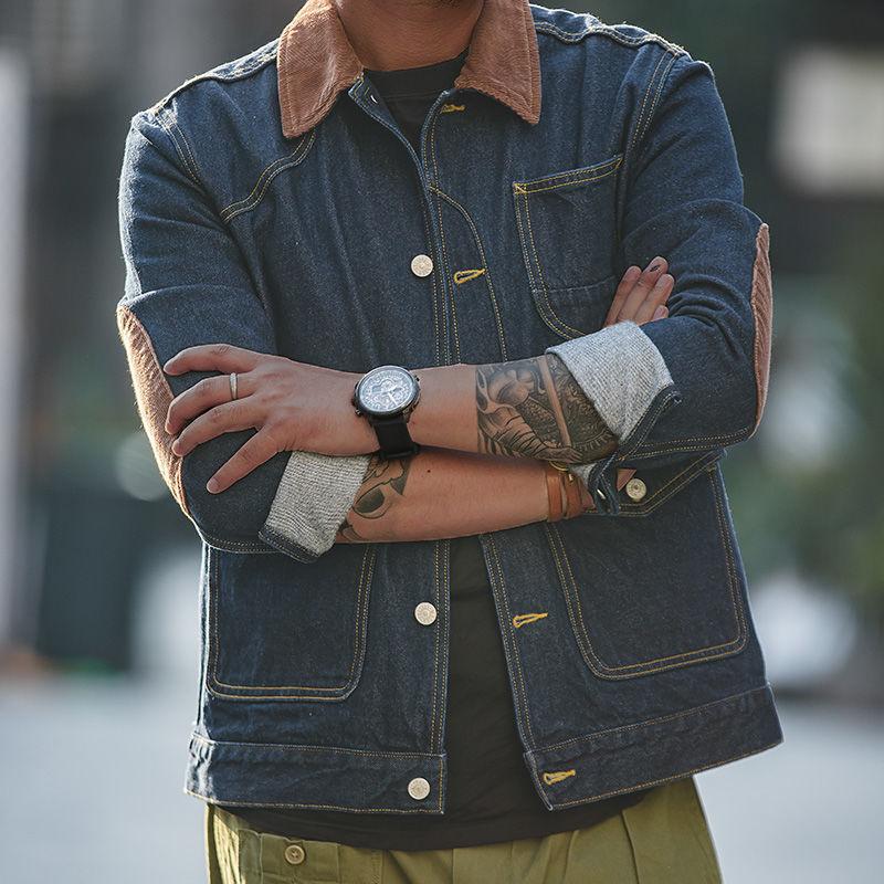 Mens Retro Colorblock Lapel Multi-pocket Denim Jacket 22779889Z