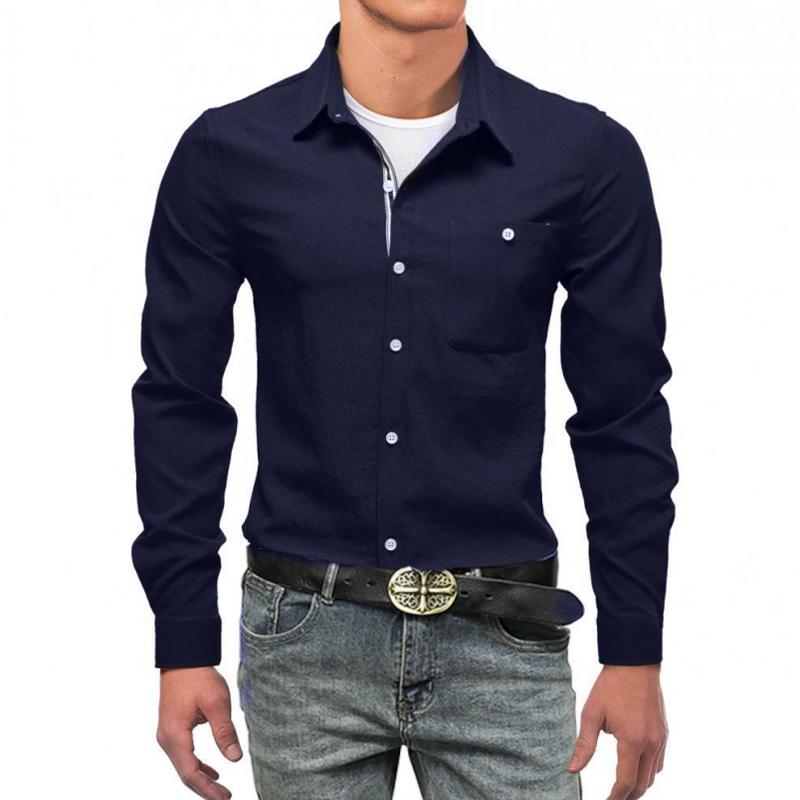 Mens Solid Cotton Linen Lapel Long Sleeve Casual Shirt 07037470Z