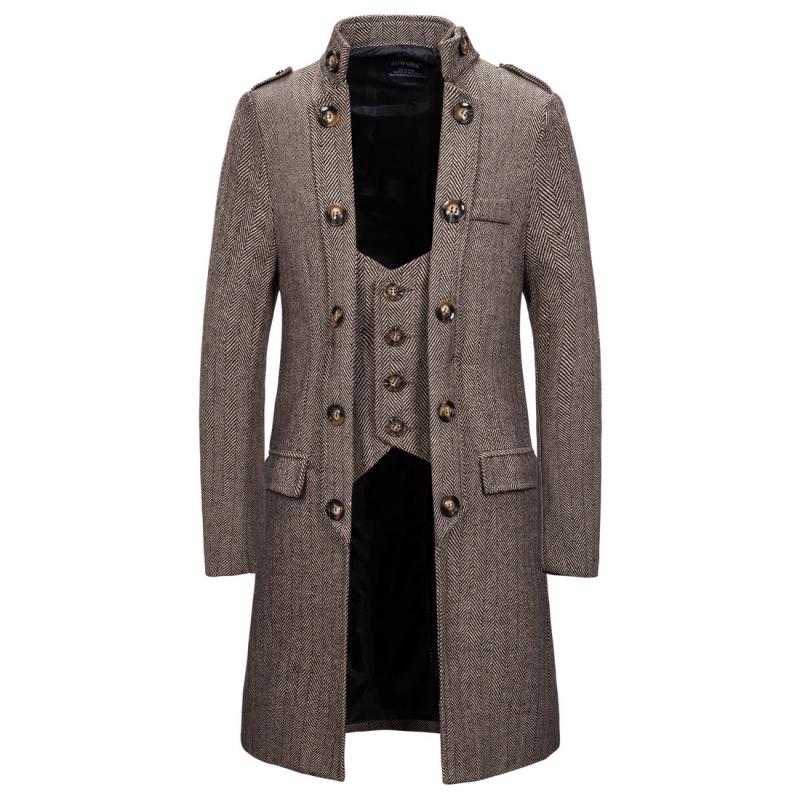 Mens Vintage Stand Collar Herringbone Fake Two Piece Coat 79986497M