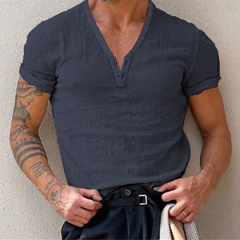 Mens Solid Color Buttons V Neck Short Sleeve Cotton T-shirt 64690208Z