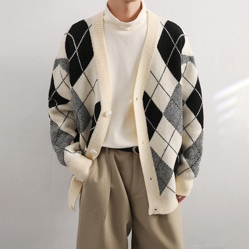Mens V Neck Rhombus Color Block Loose Casual Knit Cardigan 70646741Z