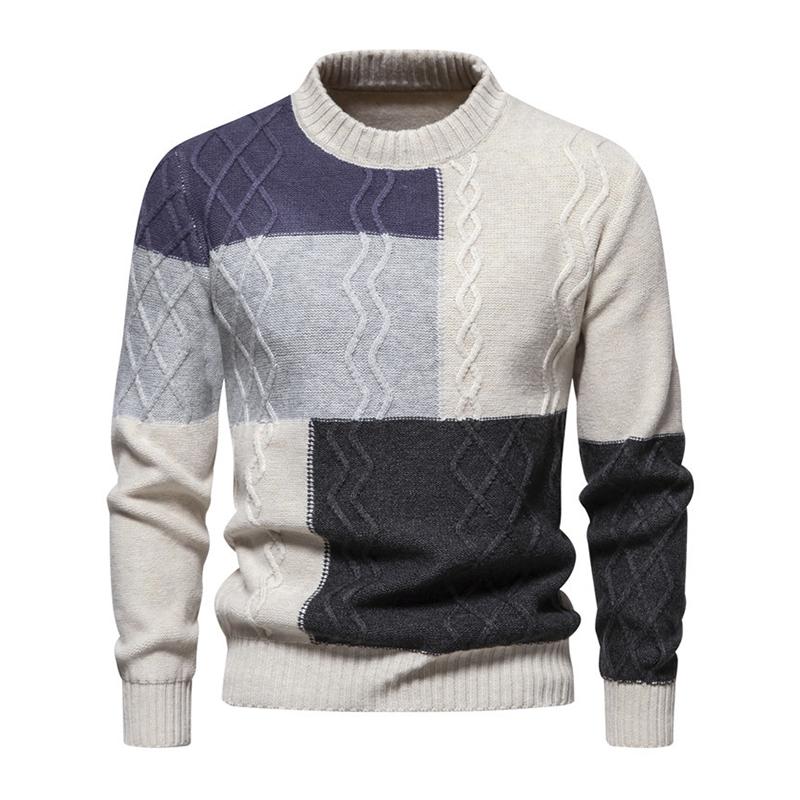 Mens Color Block Round Neck Long Sleeve Knit Casual Sweater 40290605Z