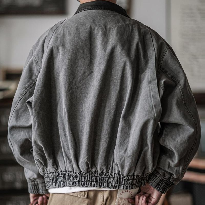 Mens Retro Color Block Lapel Canvas Zipper Jacket 08178945Z