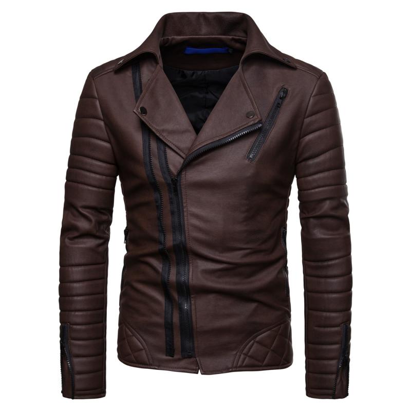 Mens Vintage Distressed Panel Zipper Lapel Long Sleeve Leather Jacket 68752078M
