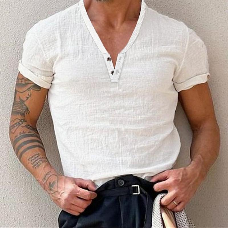 Mens Solid Color Buttons V Neck Short Sleeve Cotton T-shirt 64690208Z