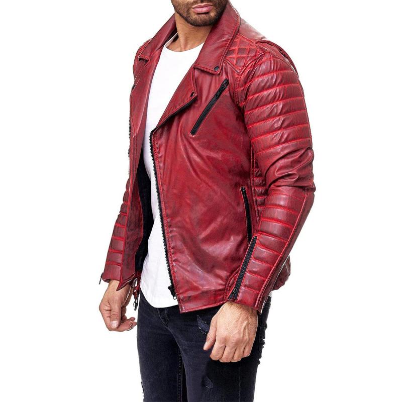 Mens Vintage Distressed Panel Zipper Lapel Long Sleeve Leather Jacket 68752078M