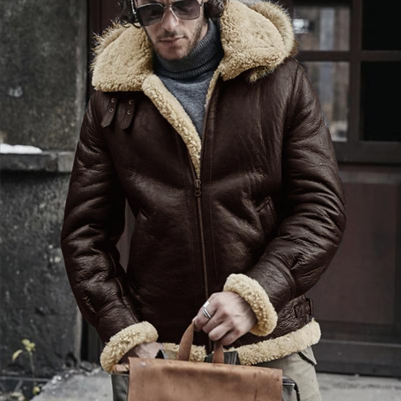 Mens Warm Lamb Fur Imitation Fur Hooded Zipper Casual Coat 73979847Z