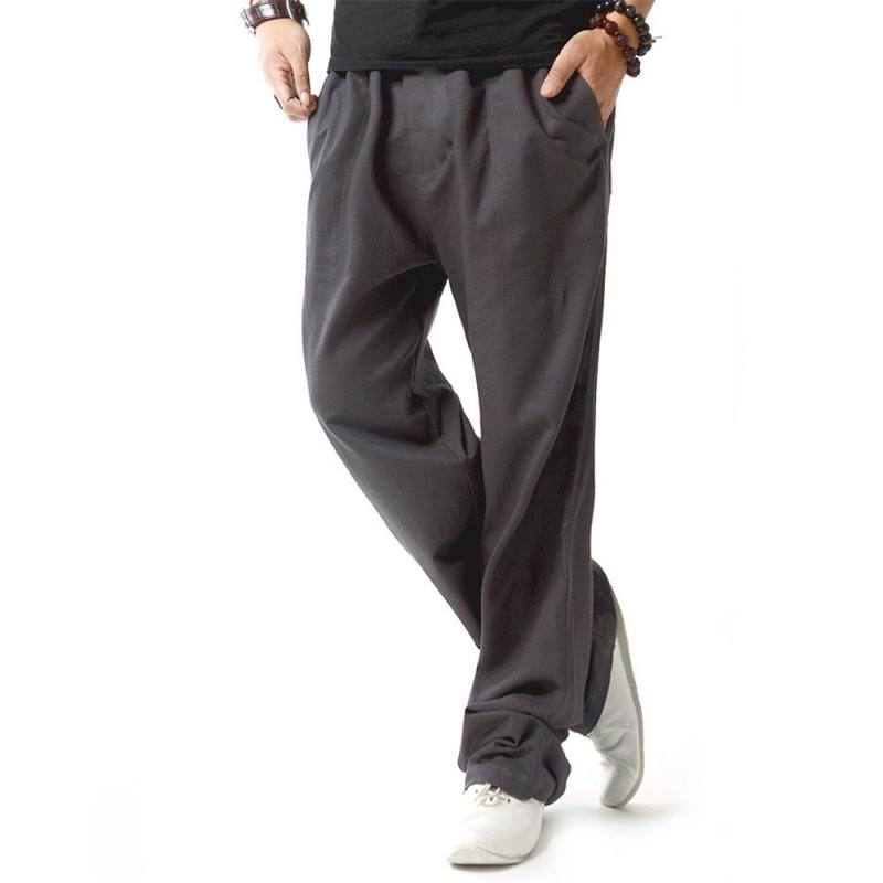 Mens Solid Straight Linen Elastic Waist Casual Pants 30995013Z
