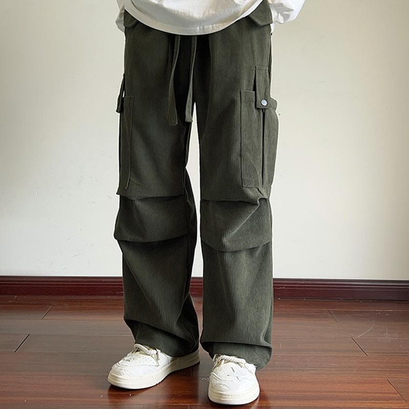 Mens Solid Corduroy Multi-pocket Elastic Waist Loose Cargo Pants 21951086Z