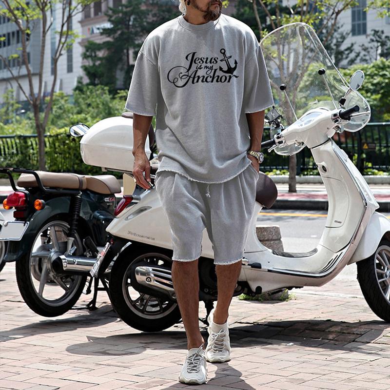 Mens Fashion Loose Christian Quote Print Short Sleeve T-Shirt and Shorts Set 79492365Z