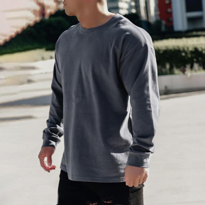 Mens Solid Color Loose Round Neck Long Sleeve T-shirt 92840256Z