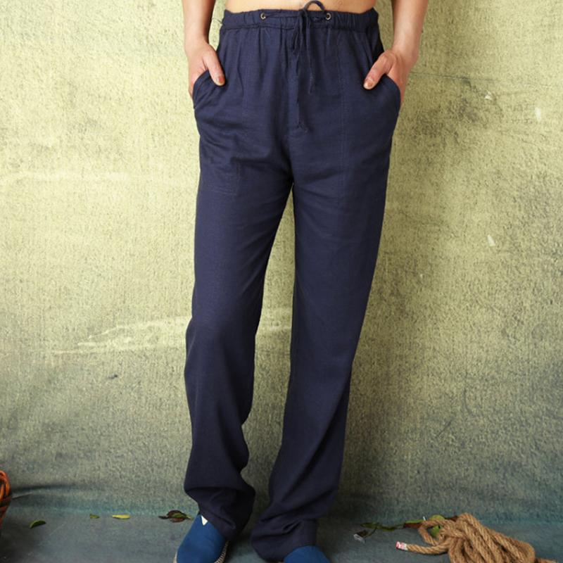 Mens Solid Loose Linen Drawstring Elastic Waist Casual Pants 17384655Z