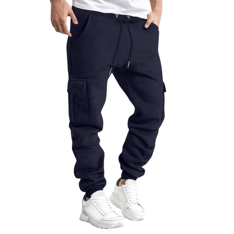 Mens Solid Color Loose Elastic Waist Multi-pocket Thickened Casual Pants 92158056Z