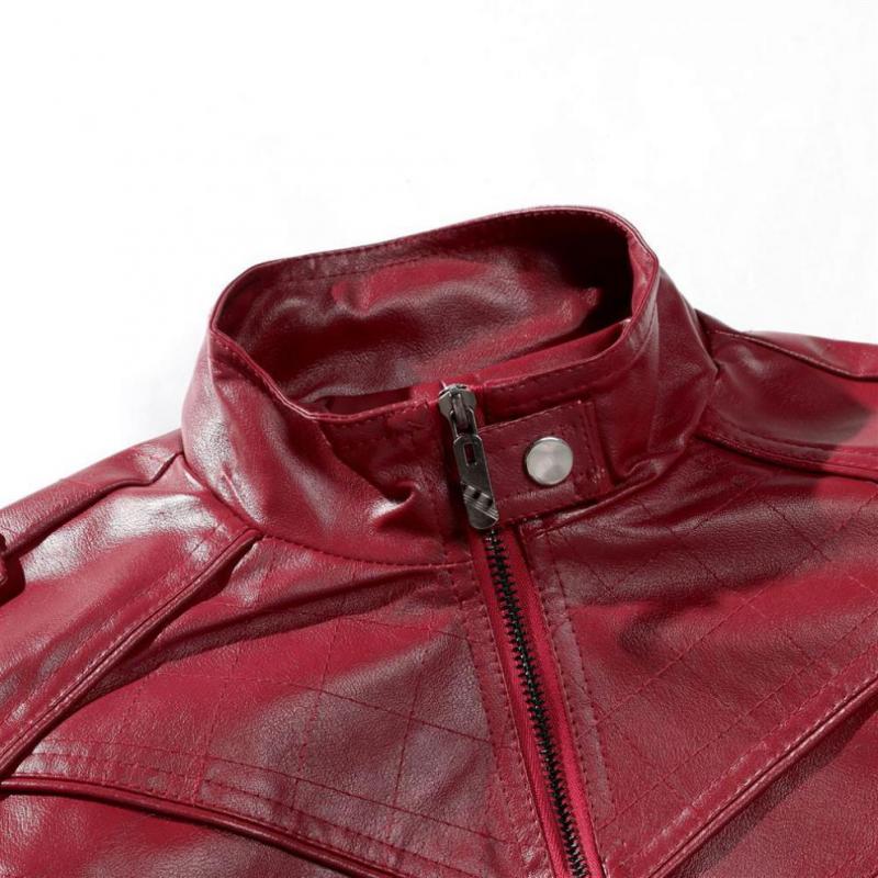 Mens Vintage Patchwork Stand Collar Zipper Motorcycle Leather Jacket 87958383M