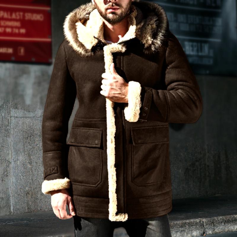 Mens Thickened Warm Faux Fur Hooded Pockets Mid-length Coat 78090106Z