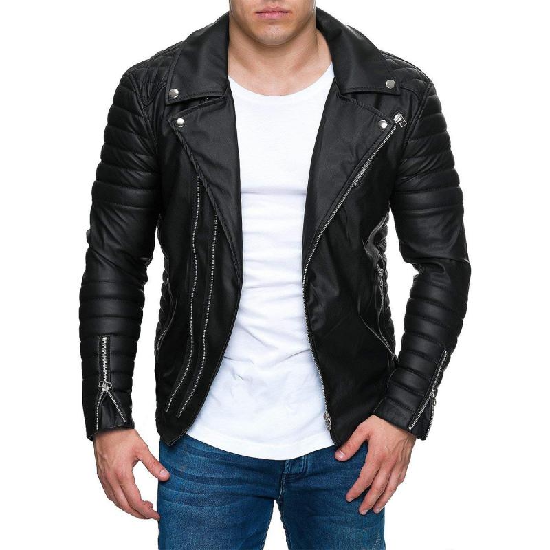Mens Vintage Distressed Panel Zipper Lapel Long Sleeve Leather Jacket 68752078M