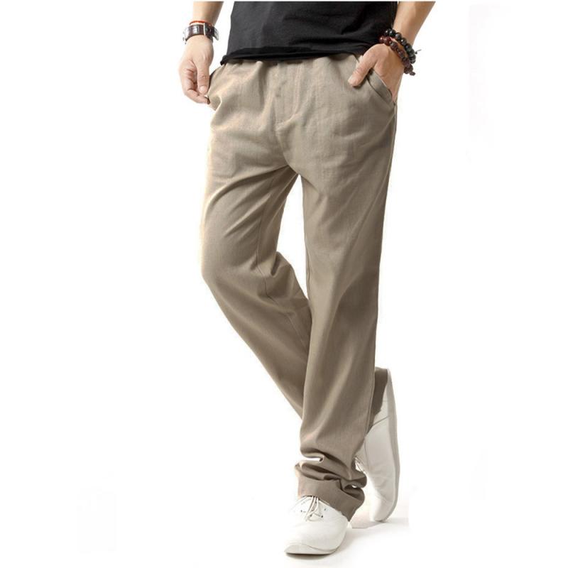 Mens Solid Straight Linen Elastic Waist Casual Pants 30995013Z