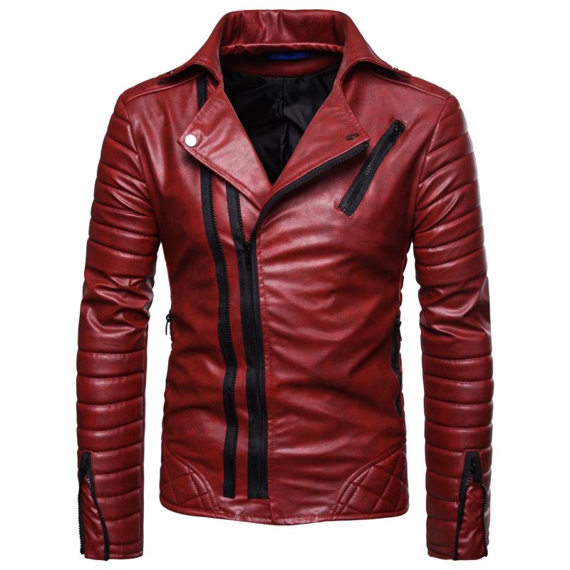 Mens Vintage Distressed Panel Zipper Lapel Long Sleeve Leather Jacket 68752078M
