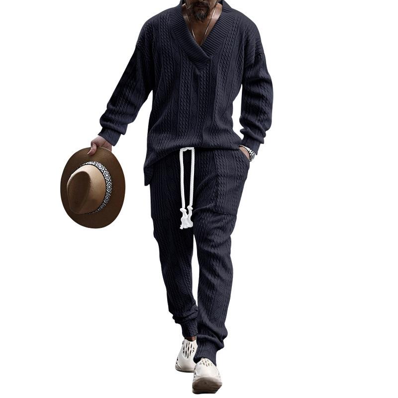 Mens Solid V-Neck Jacquard Knitwear Long Sleeve Top And Trousers Set 04682453Z
