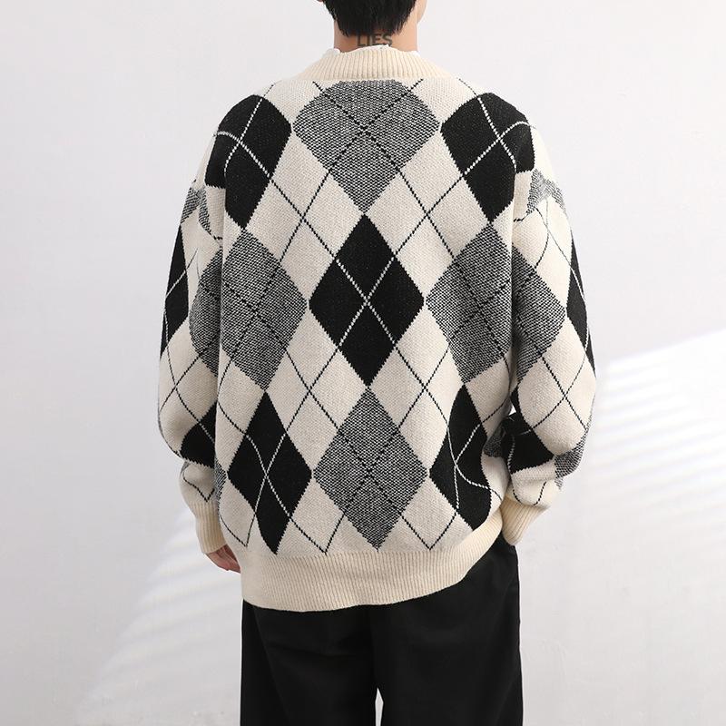 Mens V Neck Rhombus Color Block Loose Casual Knit Cardigan 70646741Z