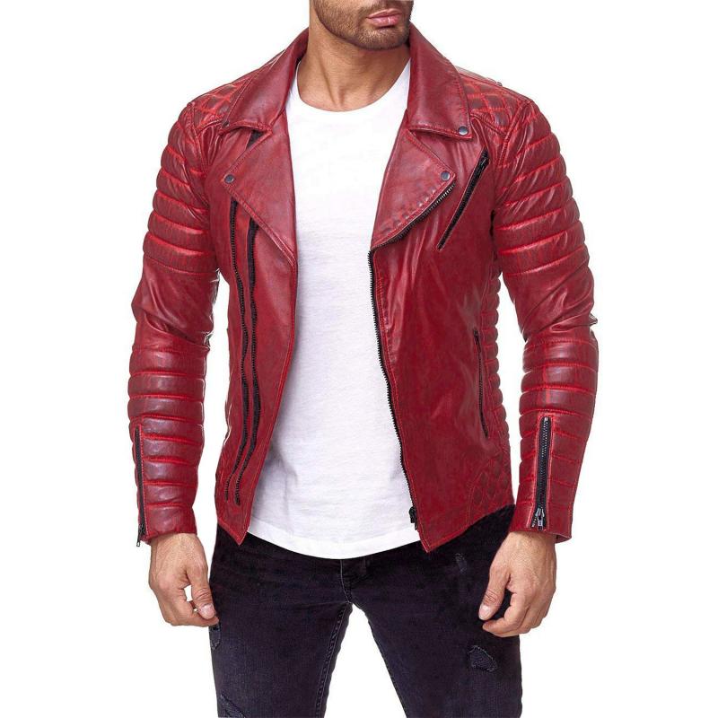 Mens Vintage Distressed Panel Zipper Lapel Long Sleeve Leather Jacket 68752078M